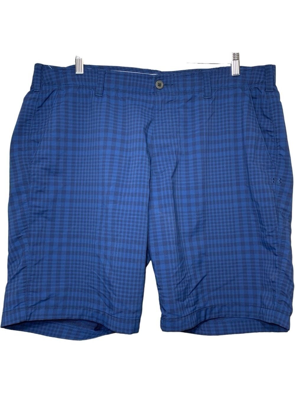 Under Armour Golf Hybrid Shorts Men Sz 42 Navy Blue Plaid Loose Fit Grip Waist